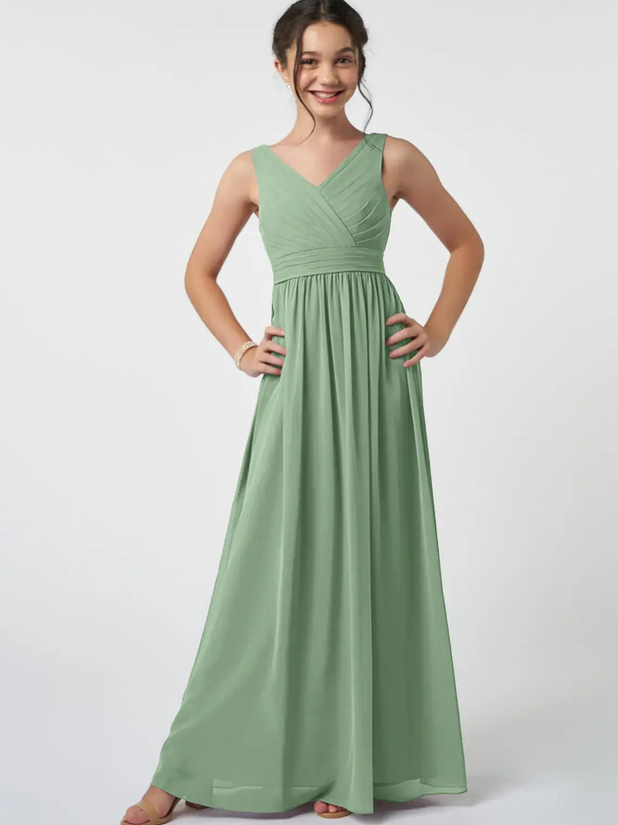 Chiffon A-Line V-Neck Sleeveless Junior Dress-BJ00007
