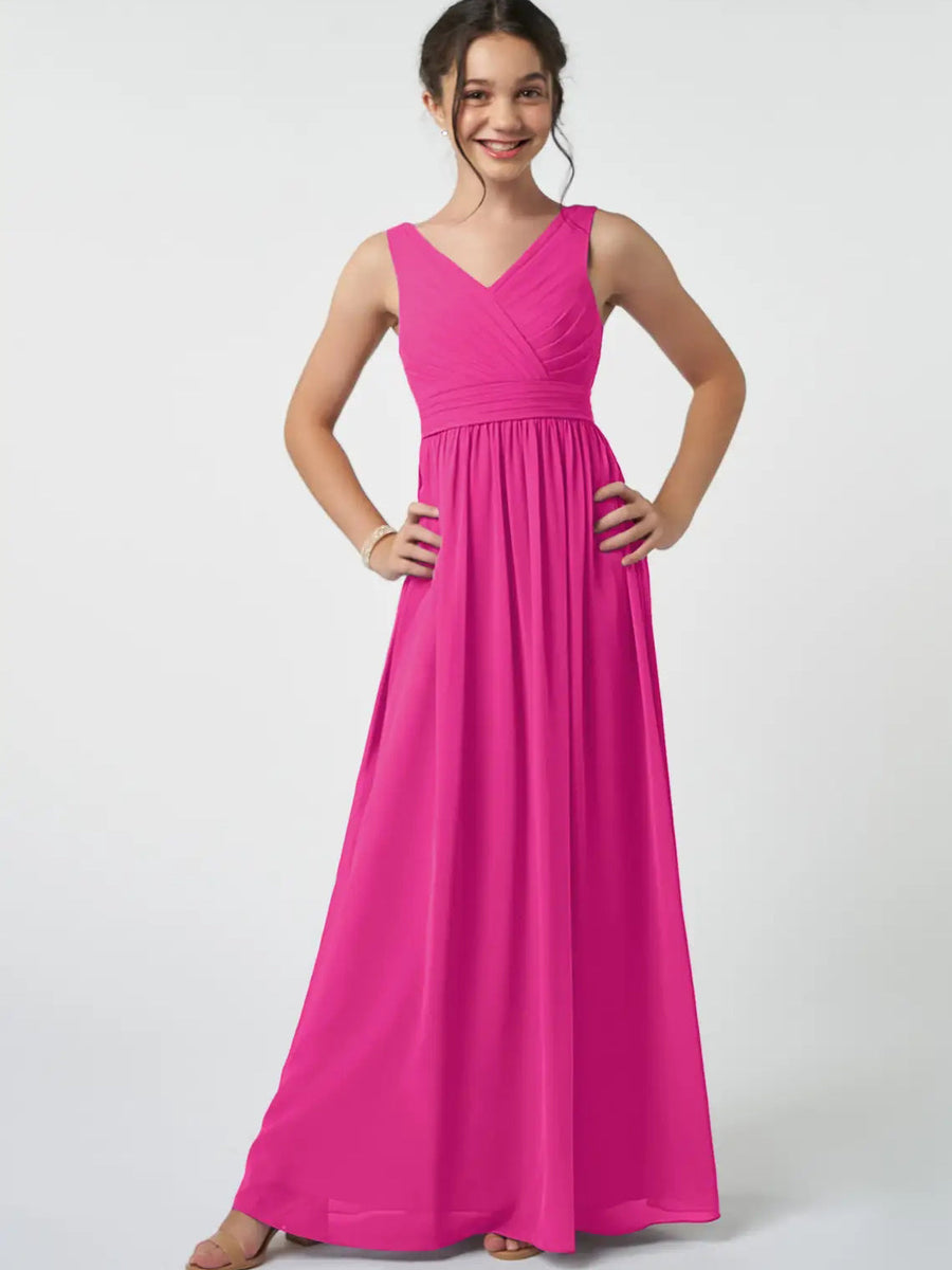 Chiffon A-Line V-Neck Sleeveless Junior Dress-BJ00007