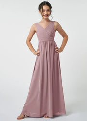 Chiffon A-Line V-Neck Sleeveless Junior Dress-BJ00007