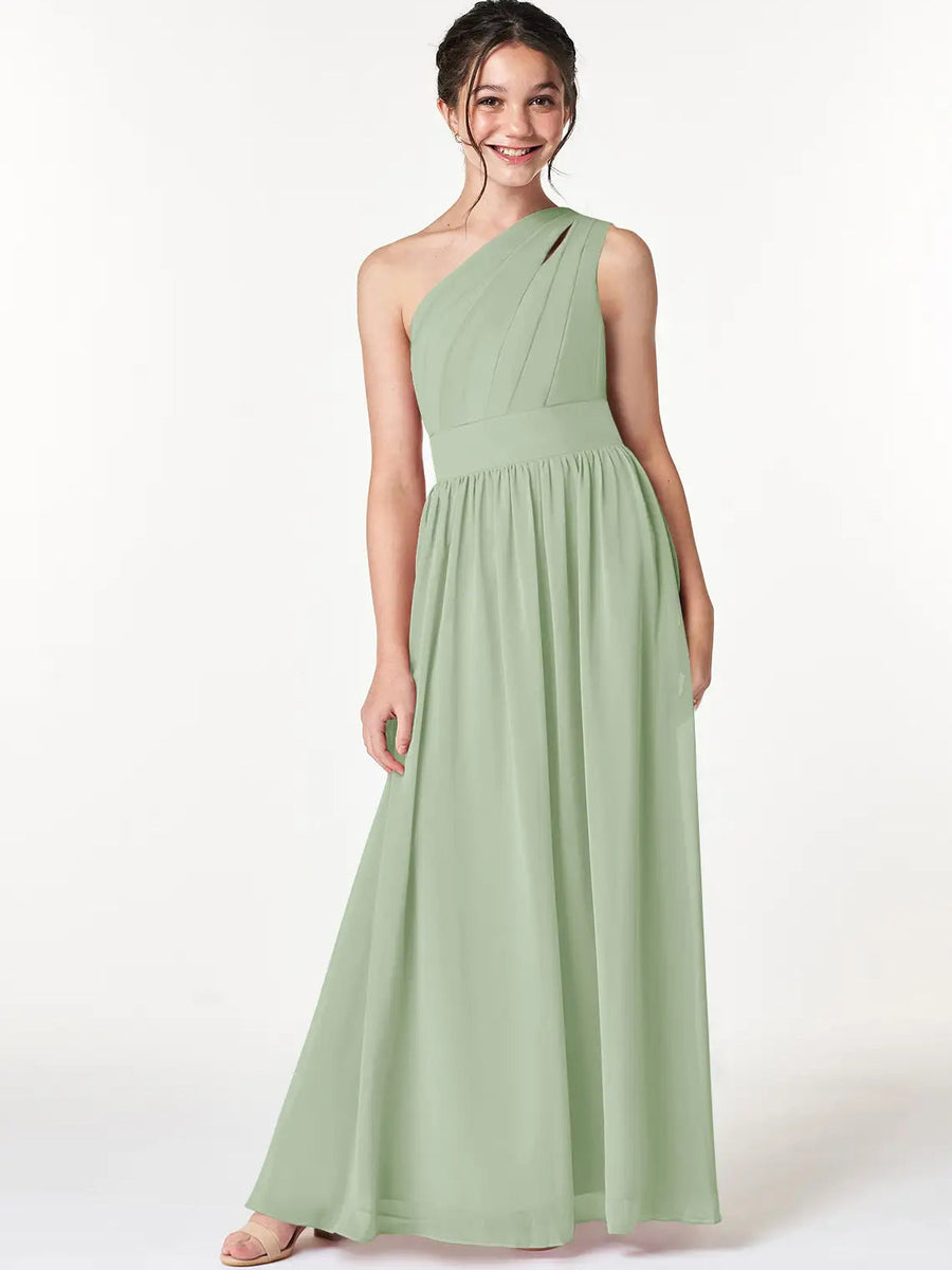 Chiffon A-Line One Shoulder Sleeveless Junior Dress-BJ00009