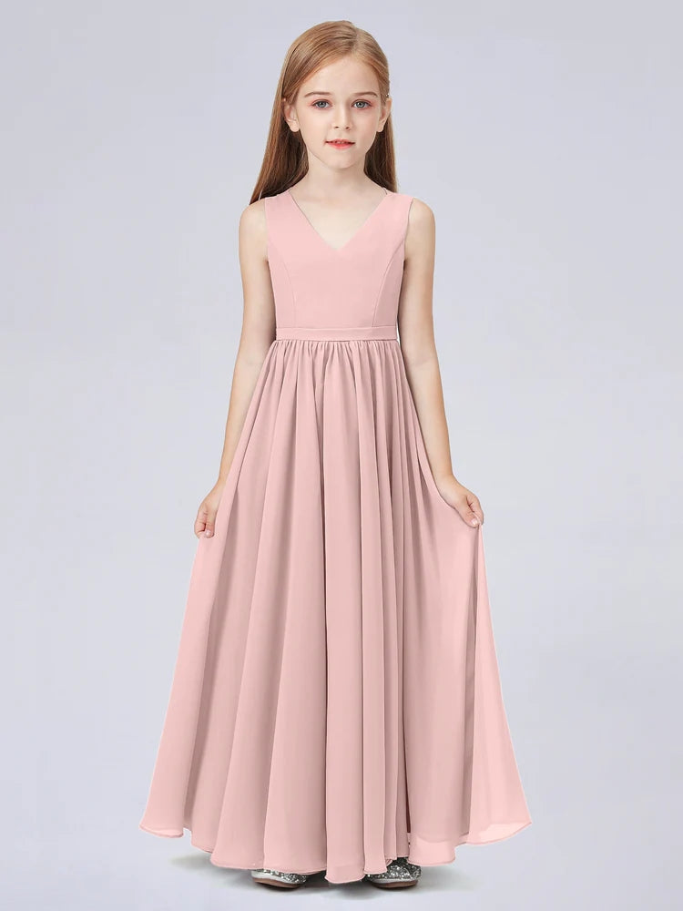 Chiffon A-Line V-Neck Sleeveless Junior Dress-BJ00016