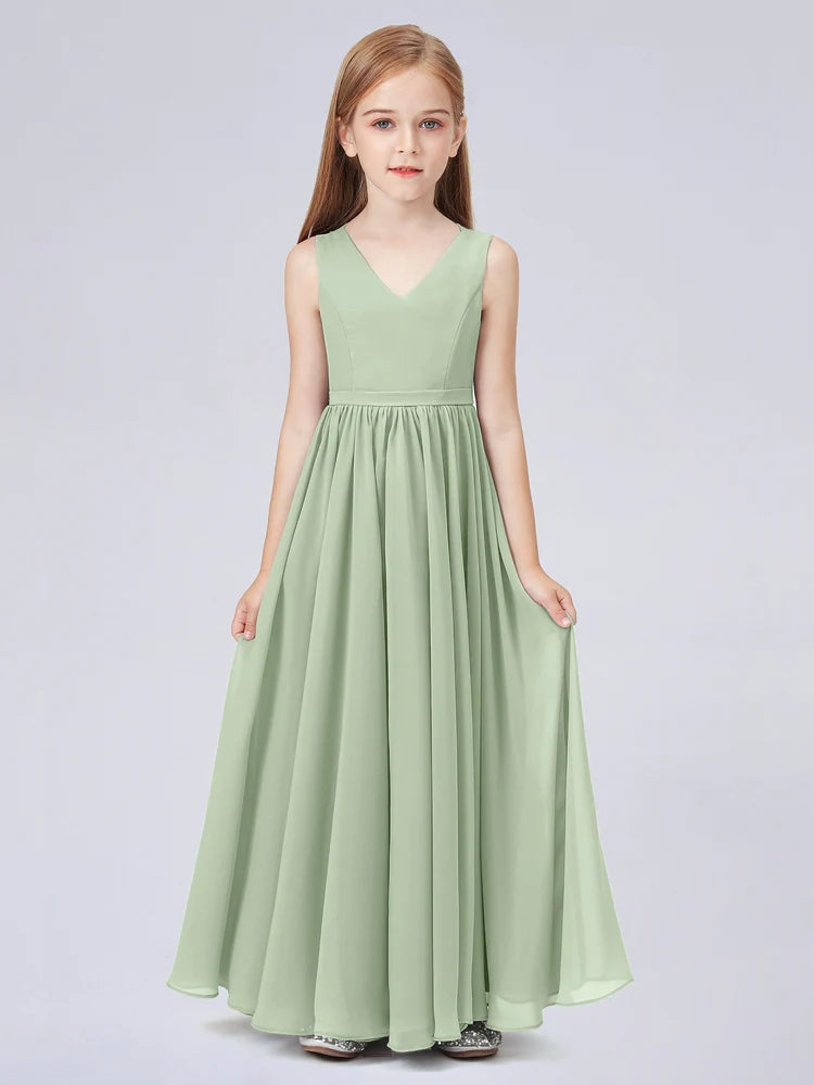 Chiffon A-Line V-Neck Sleeveless Junior Dress-BJ00016