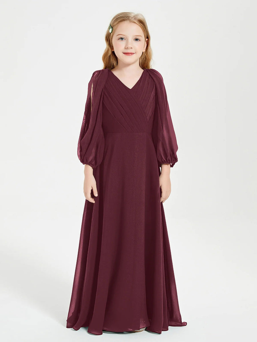 Chiffon A-Line V-Neck Long Sleeves Junior Dress-BJ00018