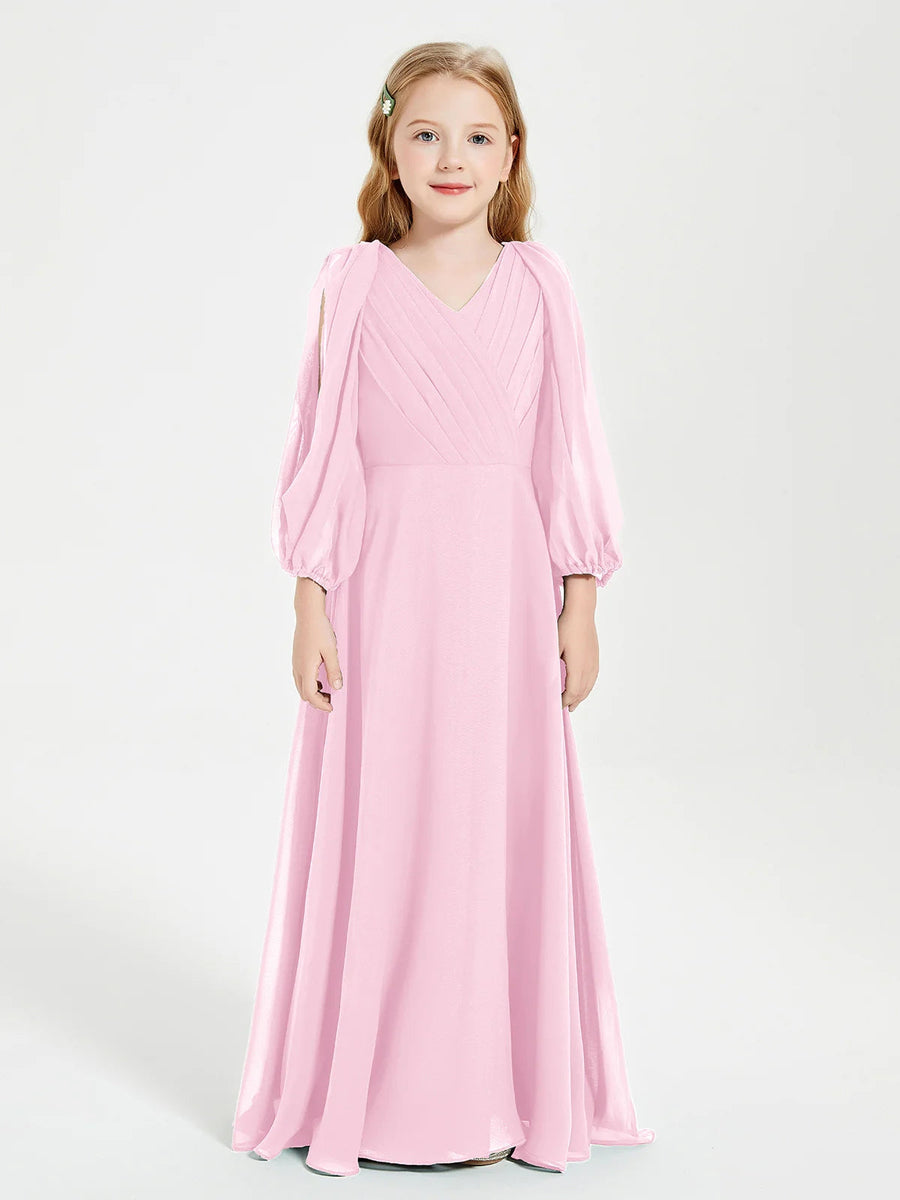 Chiffon A-Line V-Neck Long Sleeves Junior Dress-BJ00018