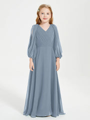 Chiffon A-Line V-Neck Long Sleeves Junior Dress-BJ00018