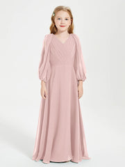 Chiffon A-Line V-Neck Long Sleeves Junior Dress-BJ00018