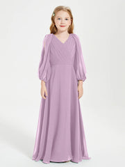 Chiffon A-Line V-Neck Long Sleeves Junior Dress-BJ00018