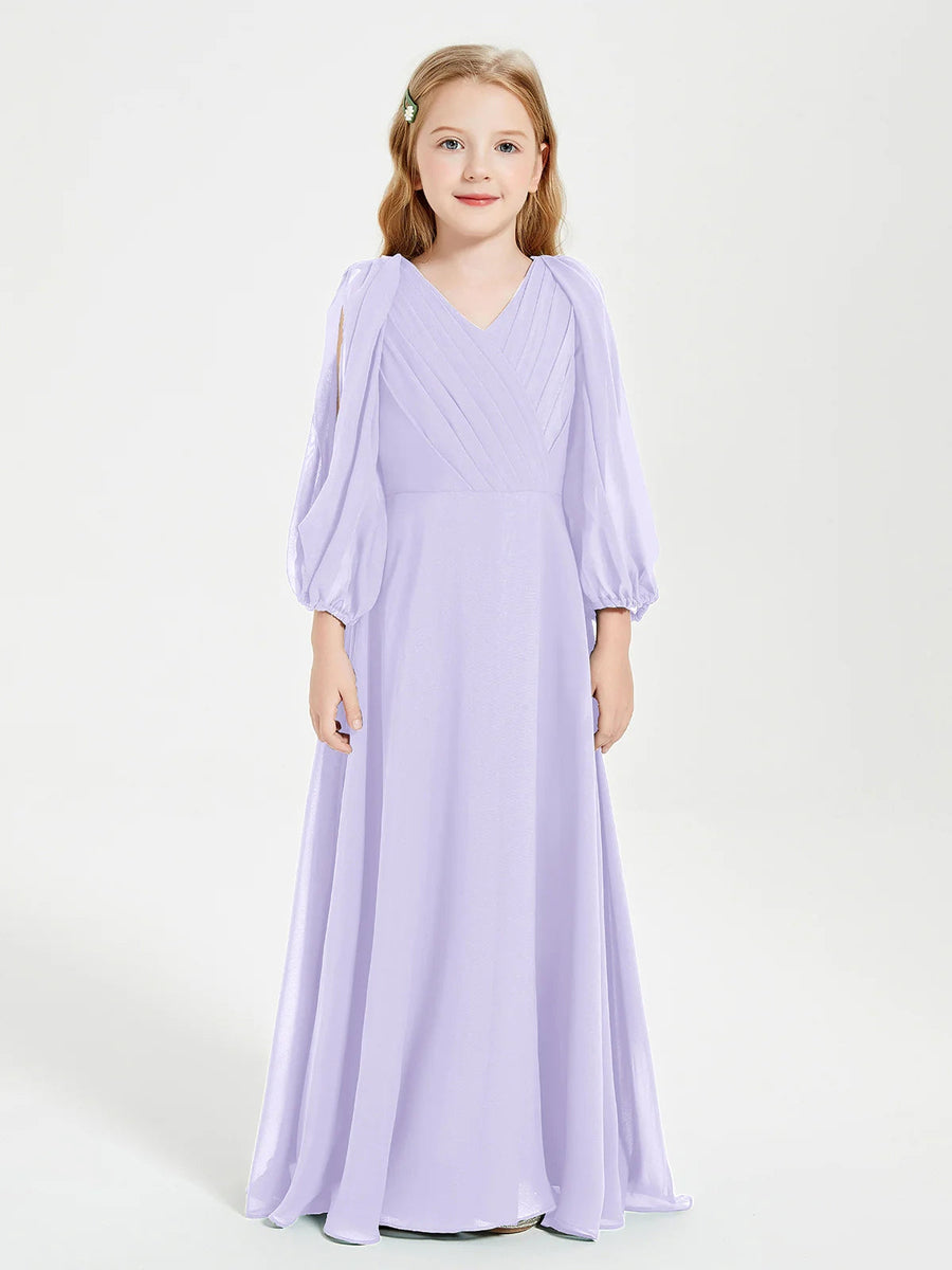 Chiffon A-Line V-Neck Long Sleeves Junior Dress-BJ00018