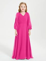 Chiffon A-Line V-Neck Long Sleeves Junior Dress-BJ00018