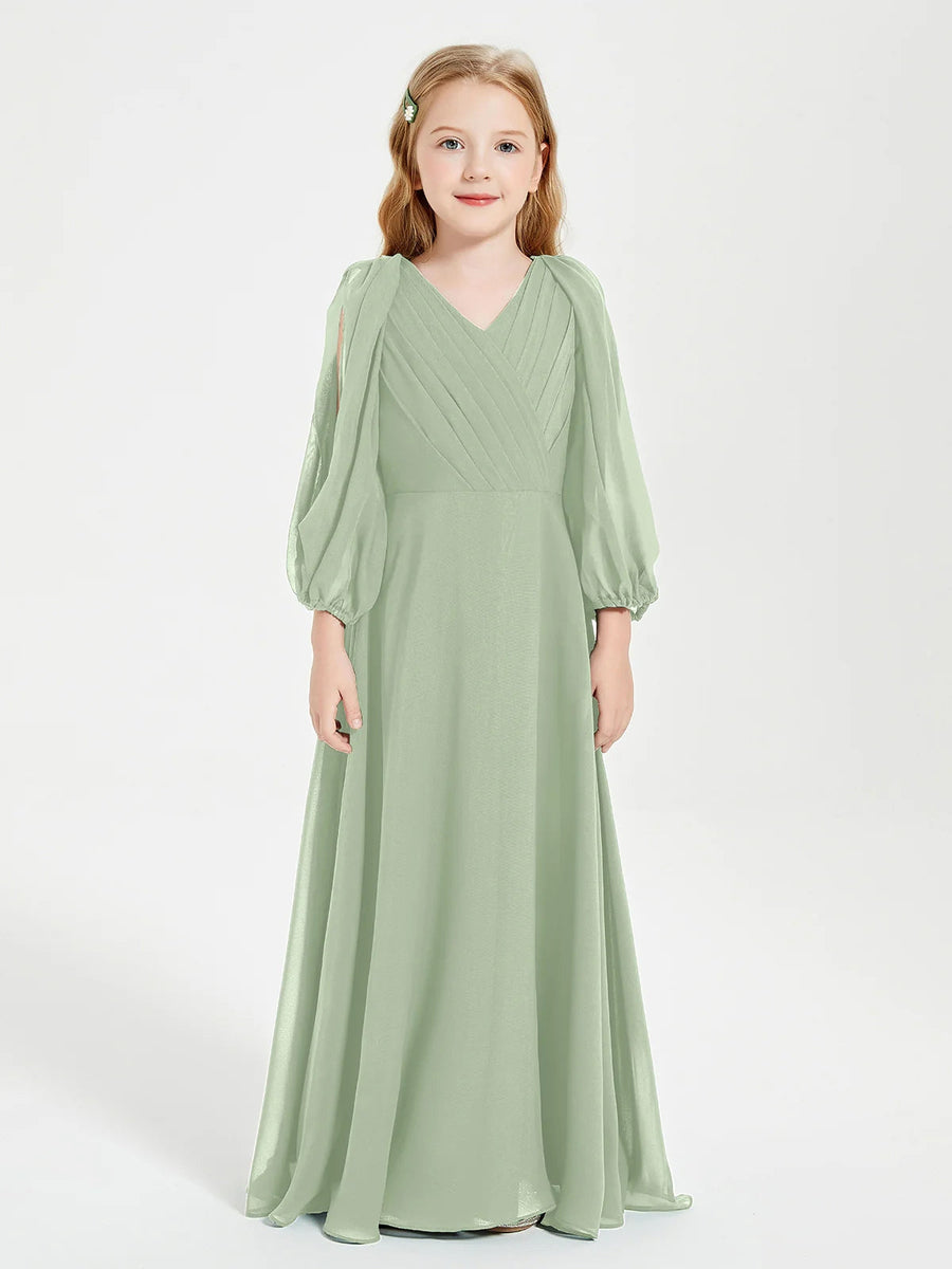 Chiffon A-Line V-Neck Long Sleeves Junior Dress-BJ00018