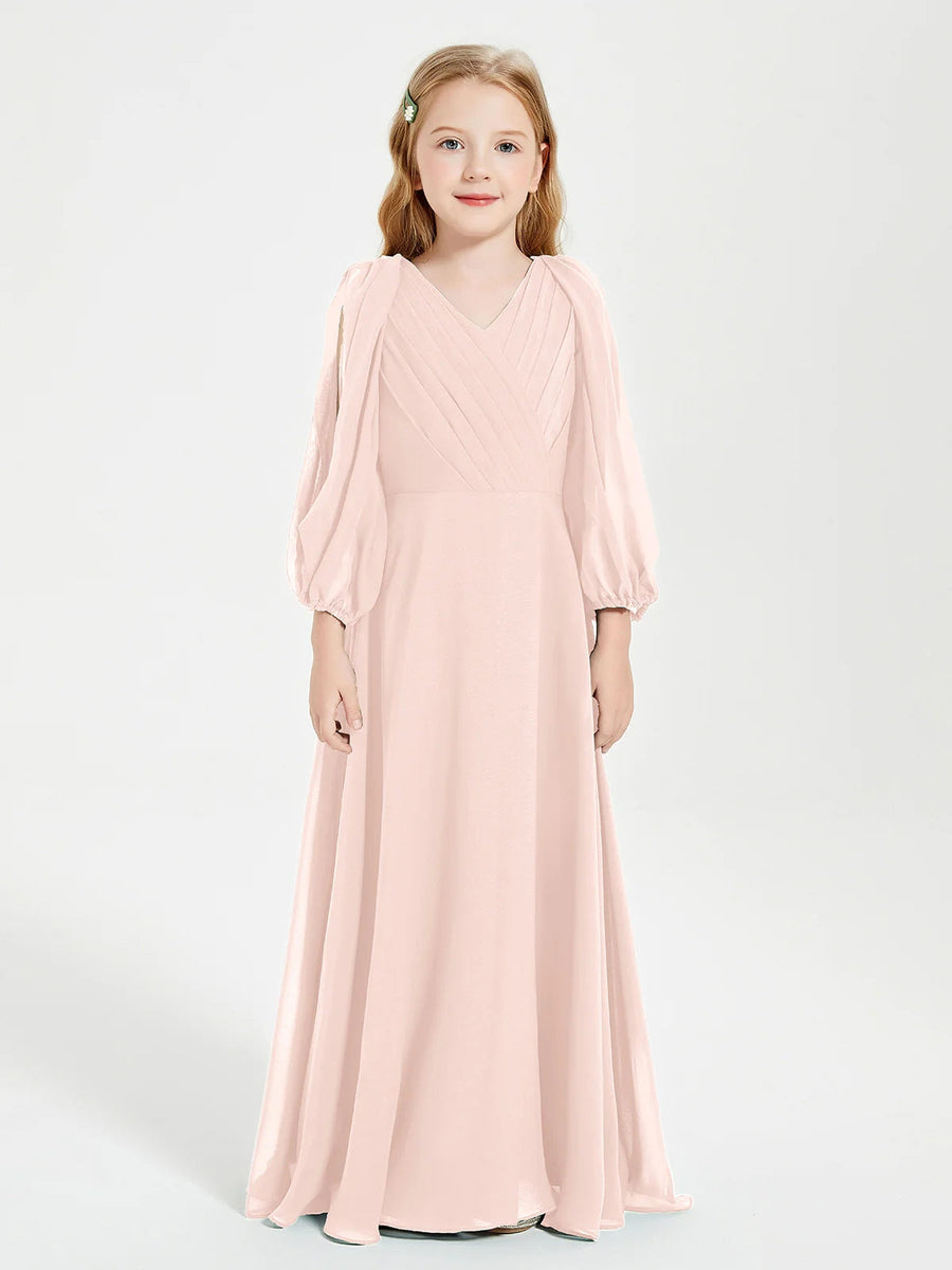 Chiffon A-Line V-Neck Long Sleeves Junior Dress-BJ00018