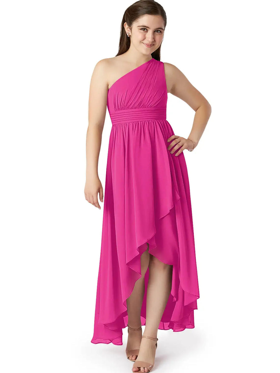 Chiffon A-Line One Shoulder Sleeveless Junior Dress-BJ00025