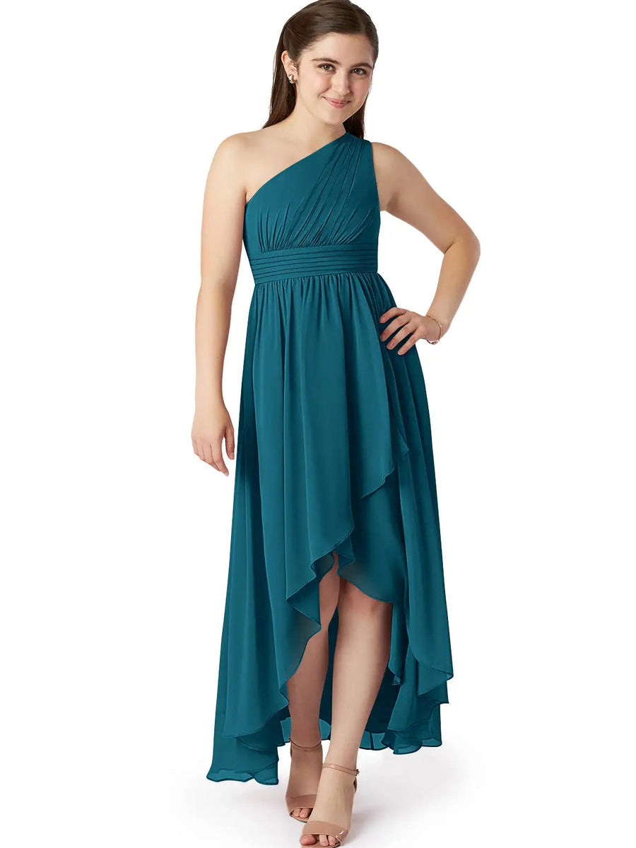Chiffon A-Line One Shoulder Sleeveless Junior Dress-BJ00025