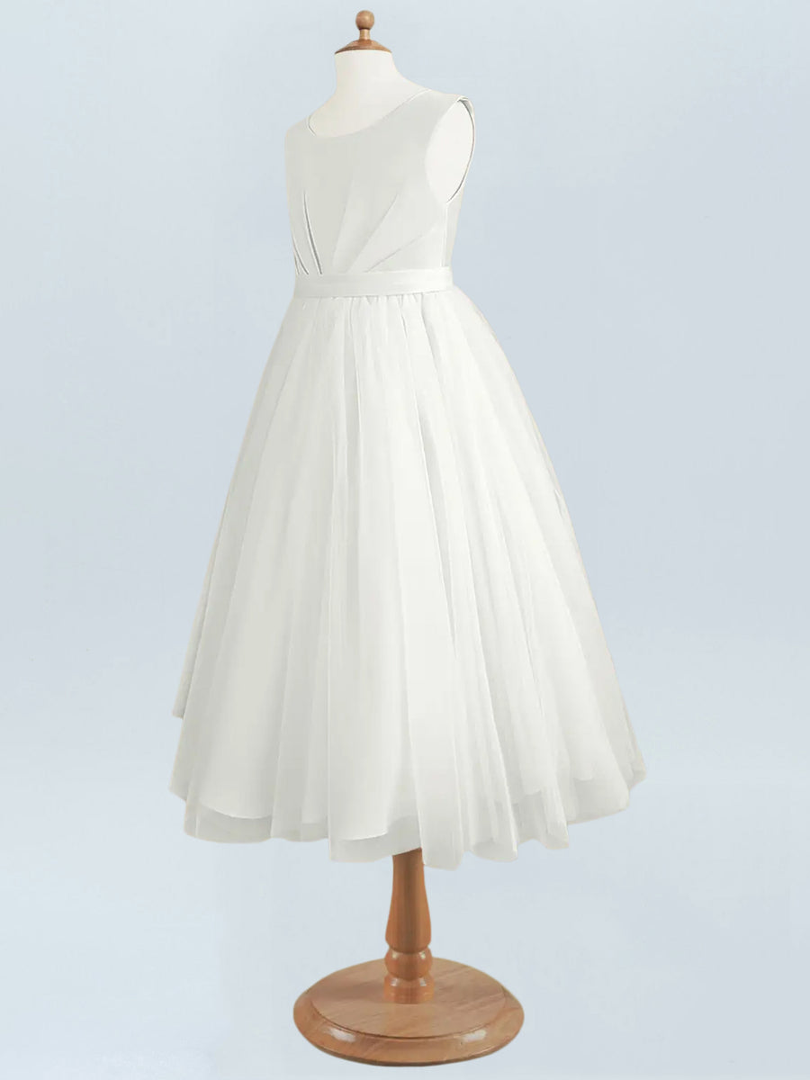 Satin A-Line Scoop Neck Half Sleeves Floweer Girl Dress-B500122