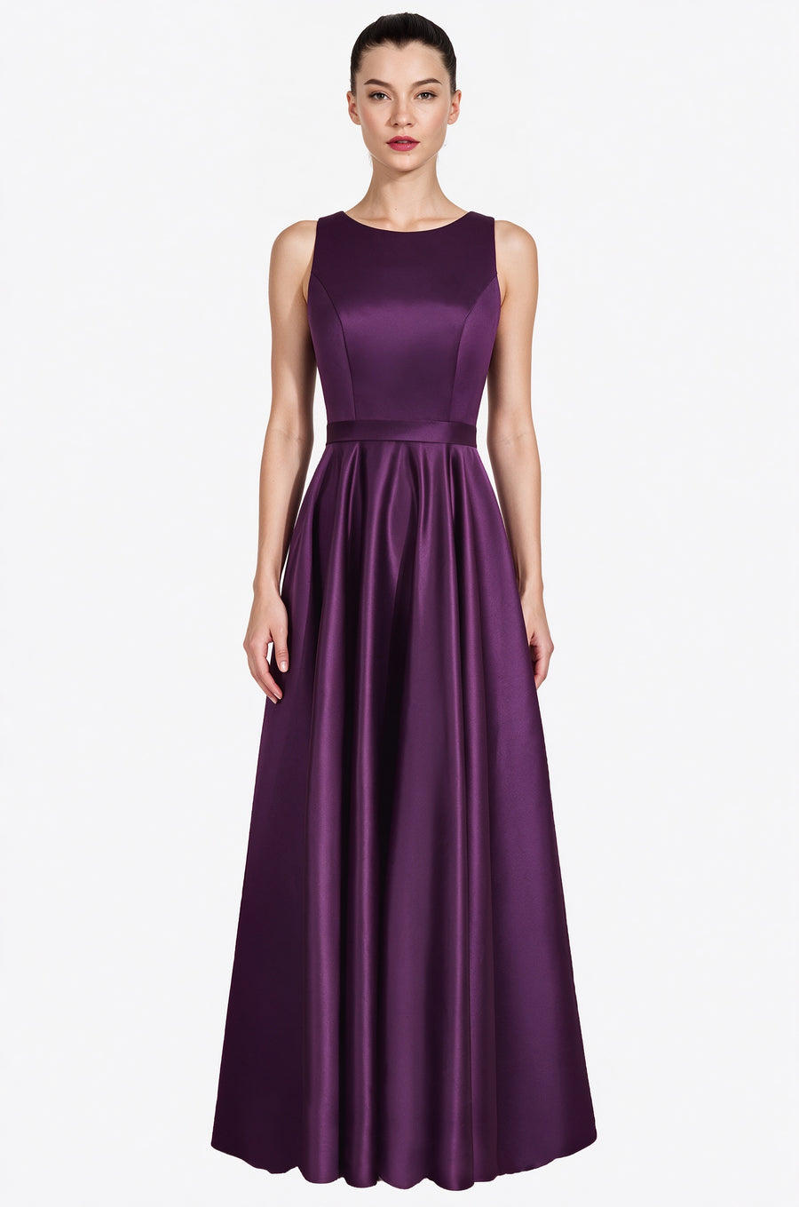 Satin Column Boat Neck Sleeveless Bridesmaid Dress-B14097