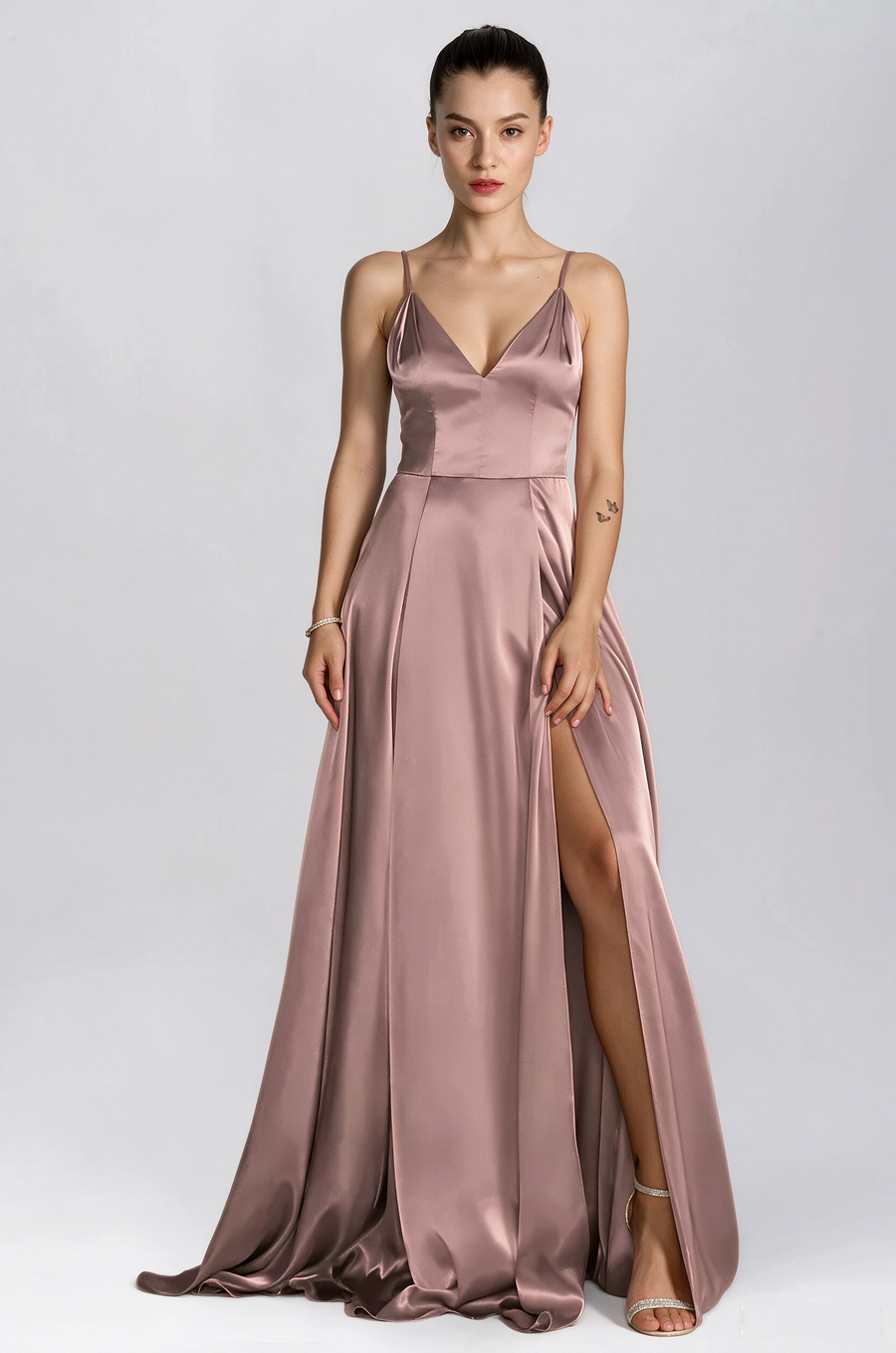 Stretch Satin A-Line V-Neck Sleeveless Bridesmaid Dress-B19804