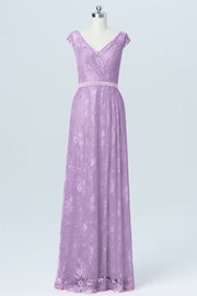 Lace Column V-Neck Cap Sleeves Bridesmaid Dress-B03000