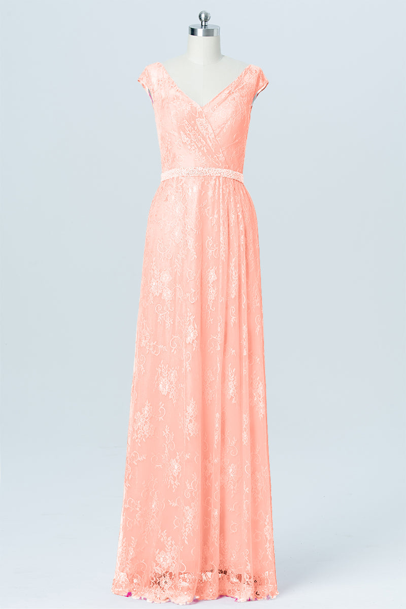 Lace Column V-Neck Cap Sleeves Bridesmaid Dress-B03000