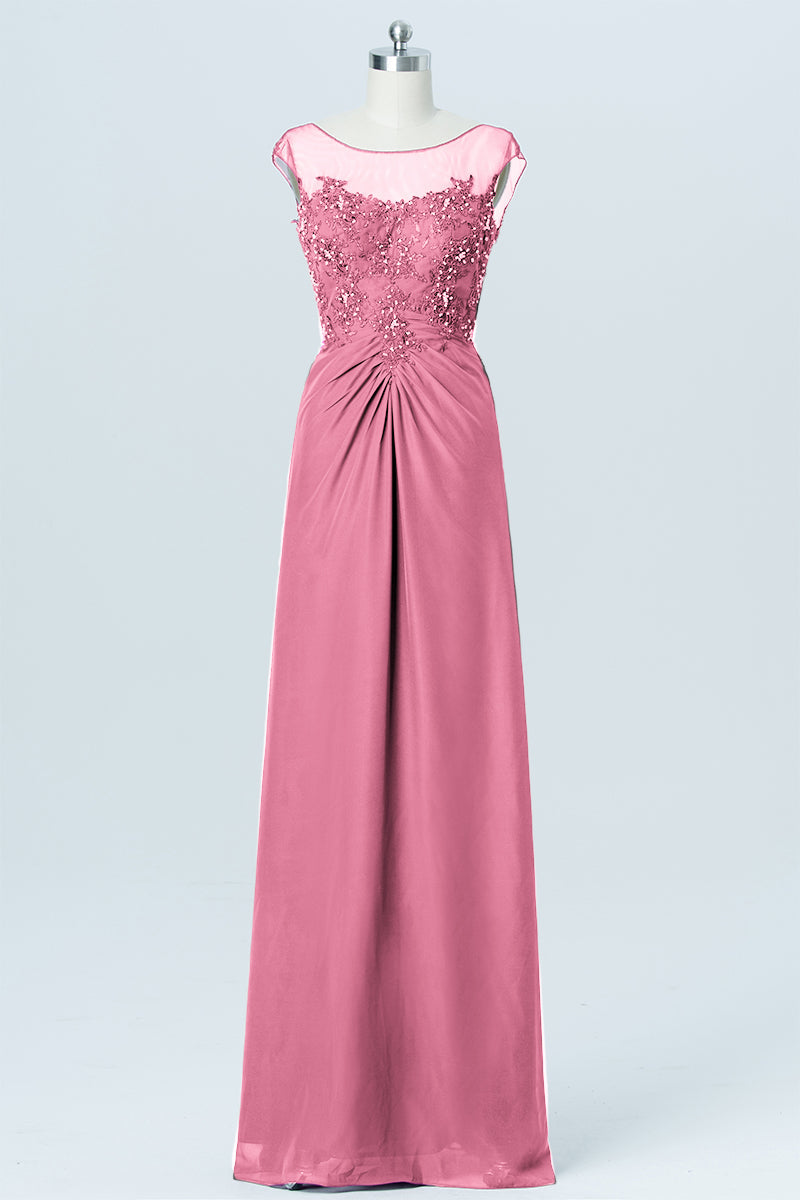 Lace Column Boat Neck Cap Sleeves Bridesmaid Dress-B03003