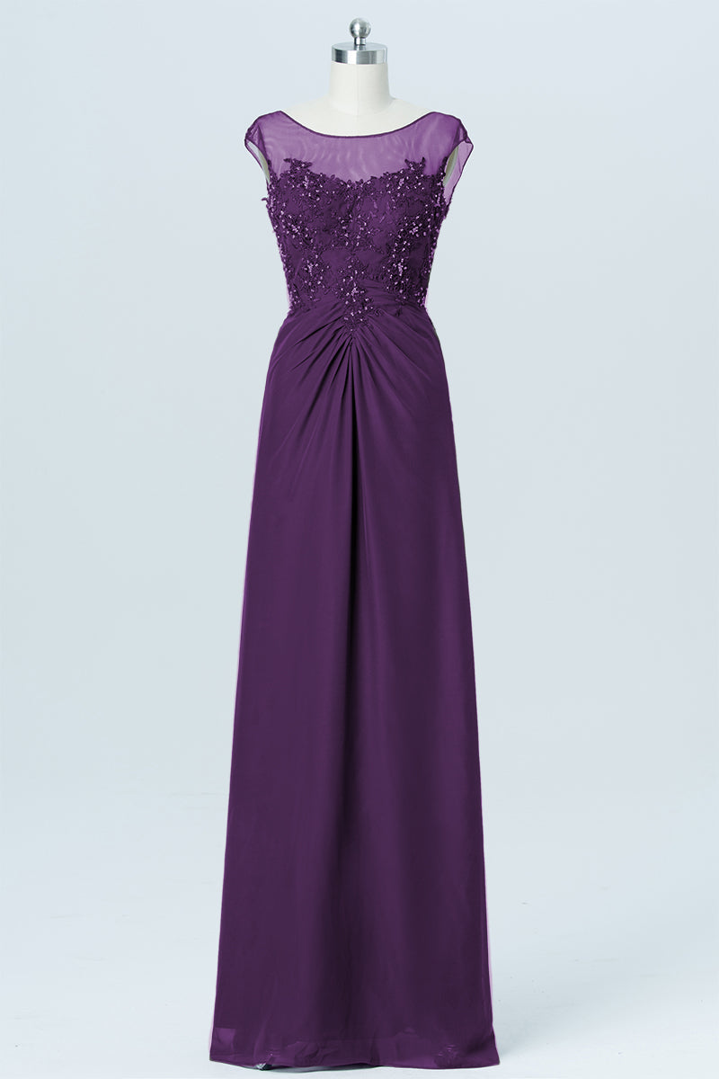 Lace Column Boat Neck Cap Sleeves Bridesmaid Dress-B03003