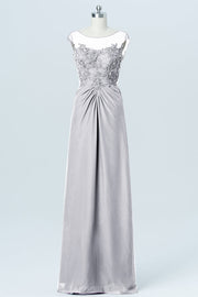 Lace Column Boat Neck Cap Sleeves Bridesmaid Dress-B03003