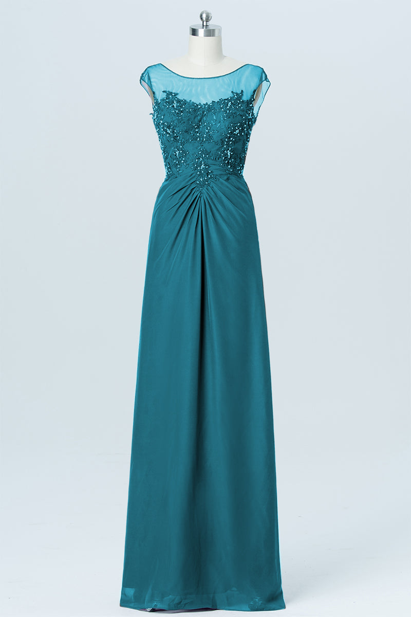 Lace Column Boat Neck Cap Sleeves Bridesmaid Dress-B03003