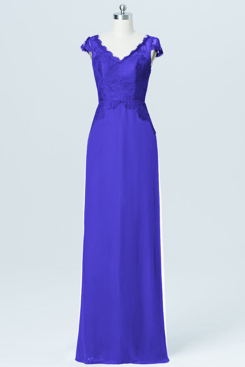 Lace Column V-Neck Cap Sleeves Bridesmaid Dress-B03005