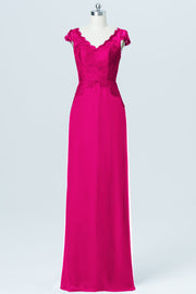 Lace Column V-Neck Cap Sleeves Bridesmaid Dress-B03005