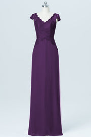 Lace Column V-Neck Cap Sleeves Bridesmaid Dress-B03005