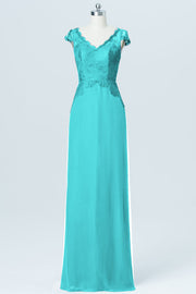 Lace Column V-Neck Cap Sleeves Bridesmaid Dress-B03005