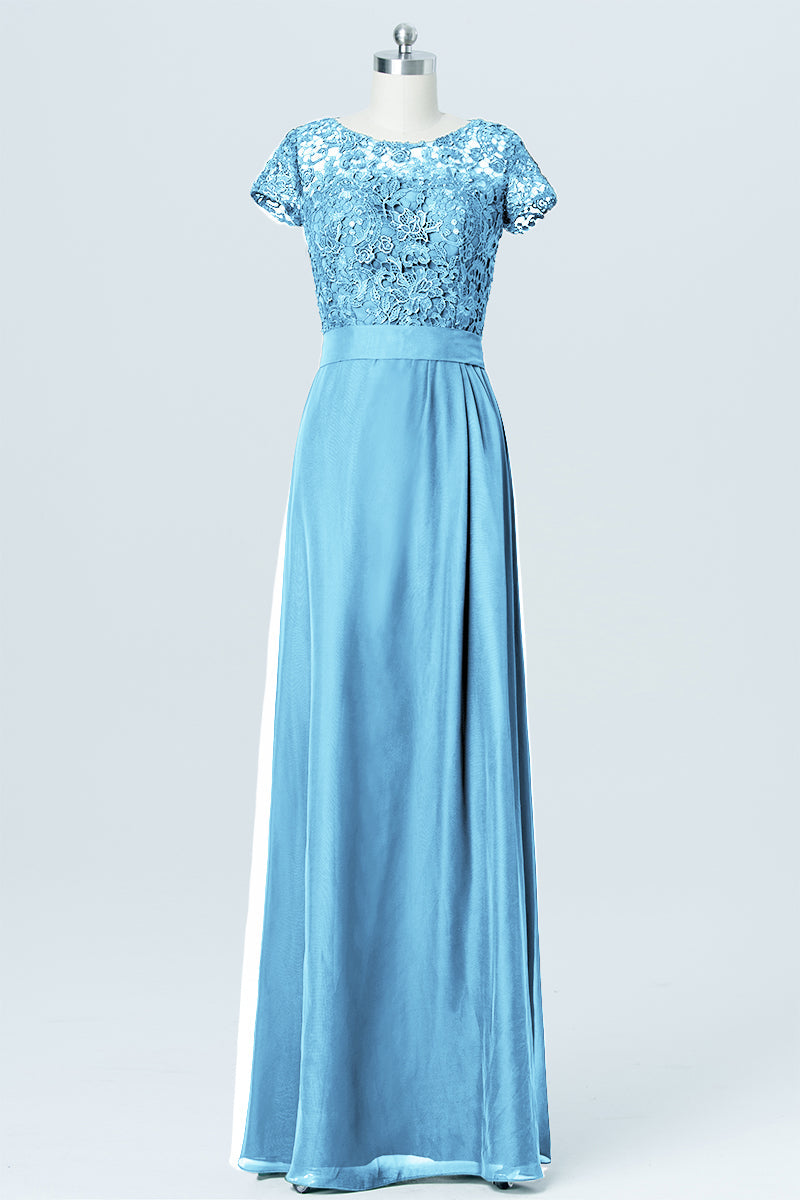 Lace Column Boat Neck Short Sleeves Bridesmaid Dress-B03007