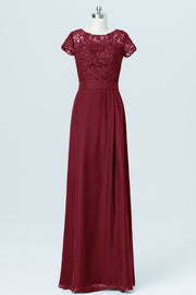 Lace Column Sheer Neck Short Sleeves Bridesmaid Dress-B03007