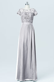 Lace Column Boat Neck Short Sleeves Bridesmaid Dress-B03007
