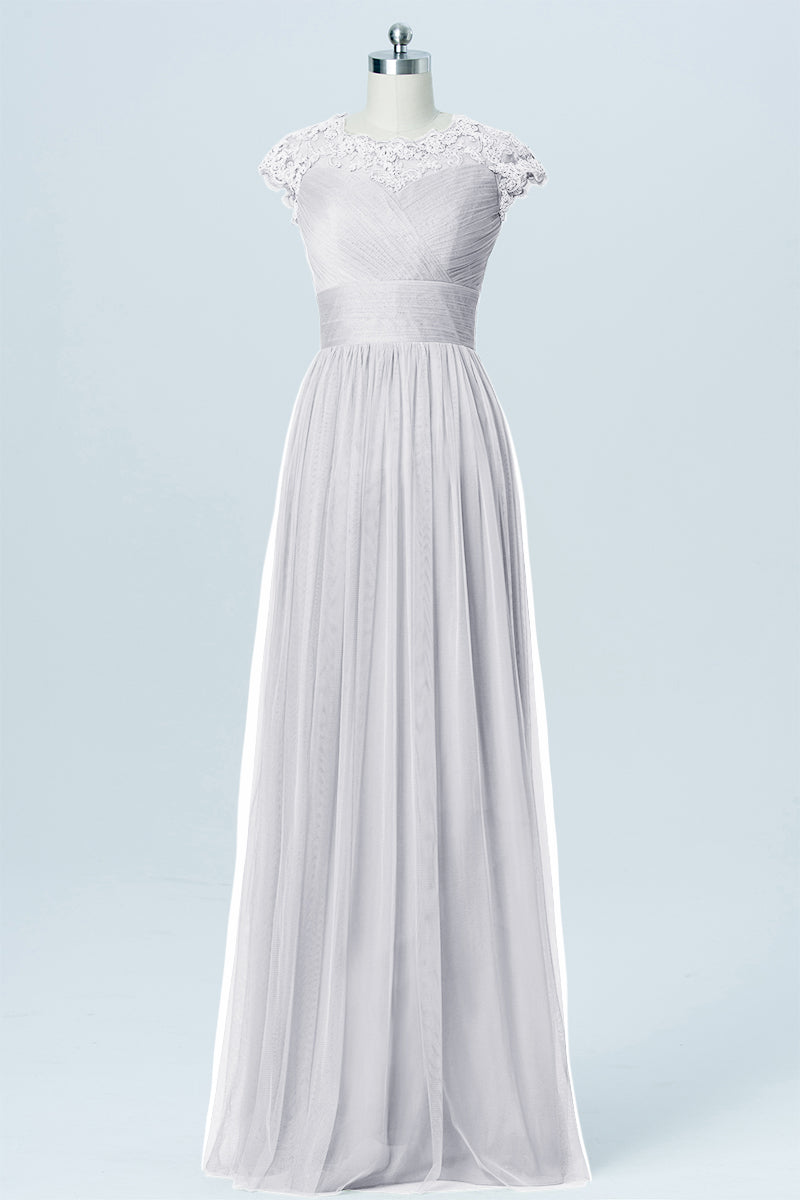 Tulle Column Scoop Neck Sheer Sleeves Bridesmaid Dress-B03019