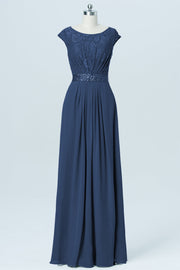 Lace Column Scoop Neck Sheer Sleeves Bridesmaid Dress-B03020