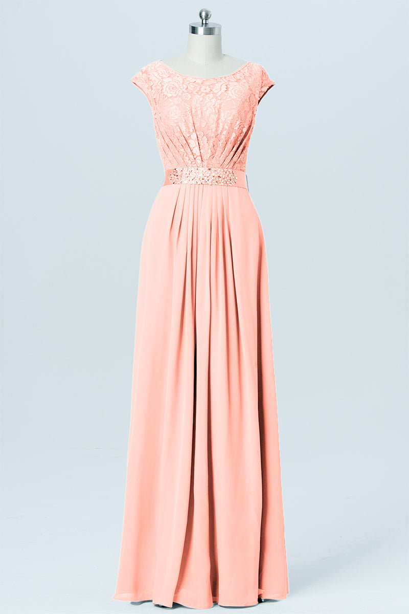 Lace Column Scoop Neck Sheer Sleeves Bridesmaid Dress-B03020 Lace Column Scoop Neck Sheer Sleeves Bridesmaid Dress-B03020