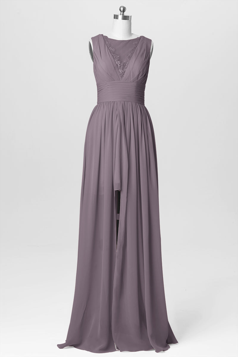 Lace Column V-Neck Short Sleeves Bridesmaid Dress-B03037