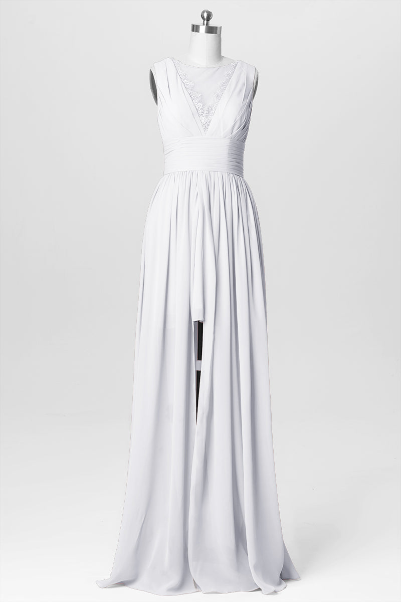 Lace Column V-Neck Short Sleeves Bridesmaid Dress-B03037