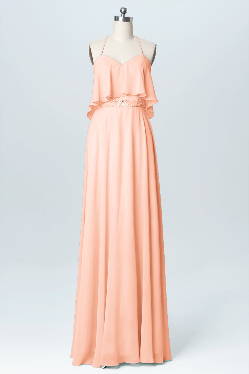 Chiffon Column Spaghetti Straps Sleeveless Bridesmaid Dress-B03045