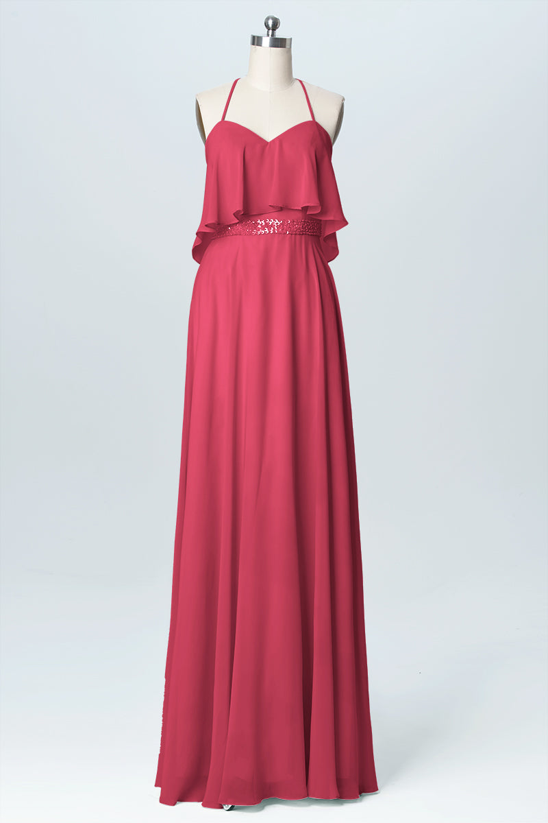 Chiffon Column Spaghetti Straps Sleeveless Bridesmaid Dress-B03045