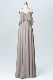 Chiffon Column Spaghetti Straps Sleeveless Bridesmaid Dress-B03045