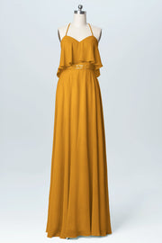 Chiffon Column Spaghetti Straps Sleeveless Bridesmaid Dress-B03045