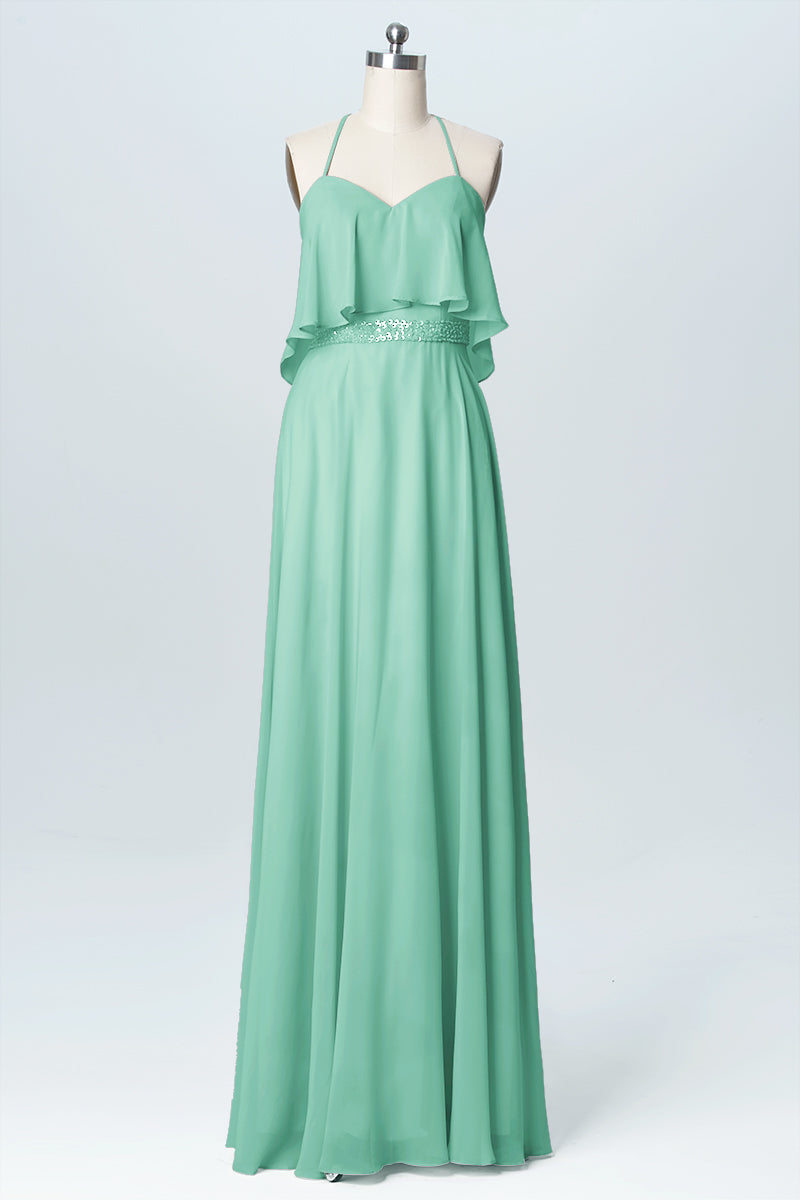 Chiffon Column Spaghetti Straps Sleeveless Bridesmaid Dress-B03045