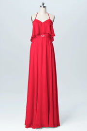 Chiffon Column Spaghetti Straps Sleeveless Bridesmaid Dress-B03045