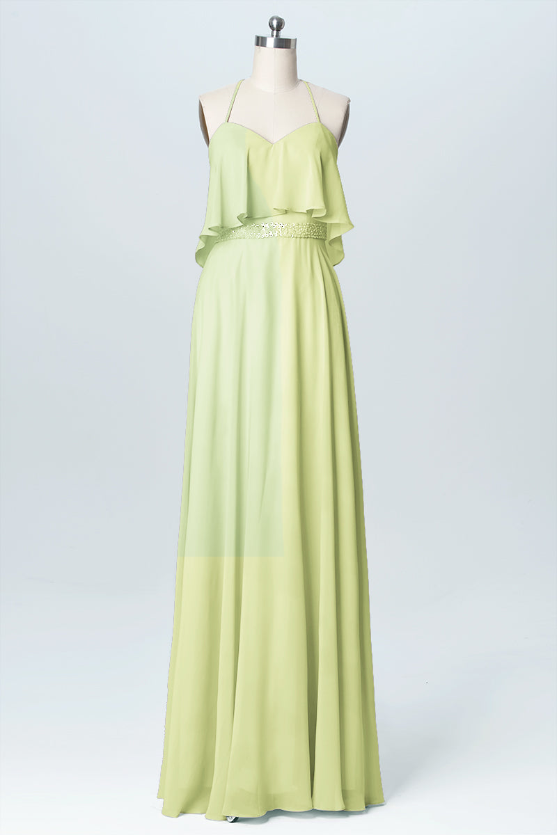 Chiffon Column Spaghetti Straps Sleeveless Bridesmaid Dress-B03045