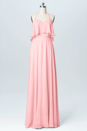 Chiffon Column Spaghetti Straps Sleeveless Bridesmaid Dress-B03045