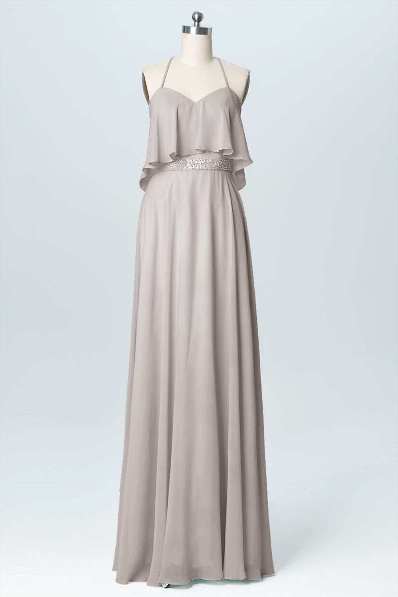 Chiffon Column Spaghetti Straps Sleeveless Bridesmaid Dress-B03045