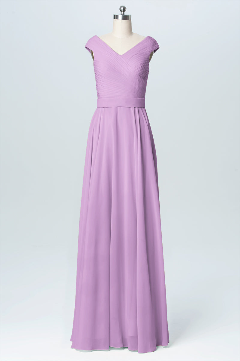 Chiffon Column V-Neck Cap Sleeves Bridesmaid Dress-B03058