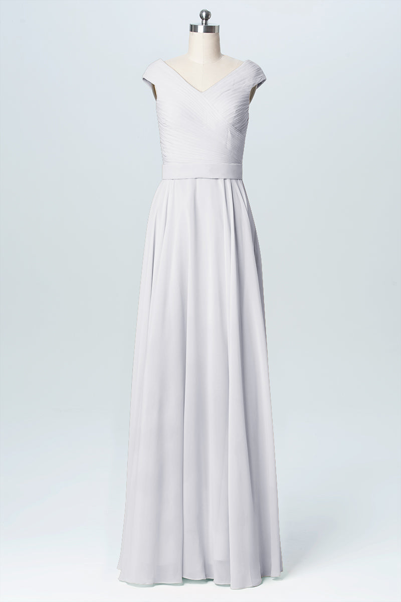 Chiffon Column V-Neck Cap Sleeves Bridesmaid Dress-B03058
