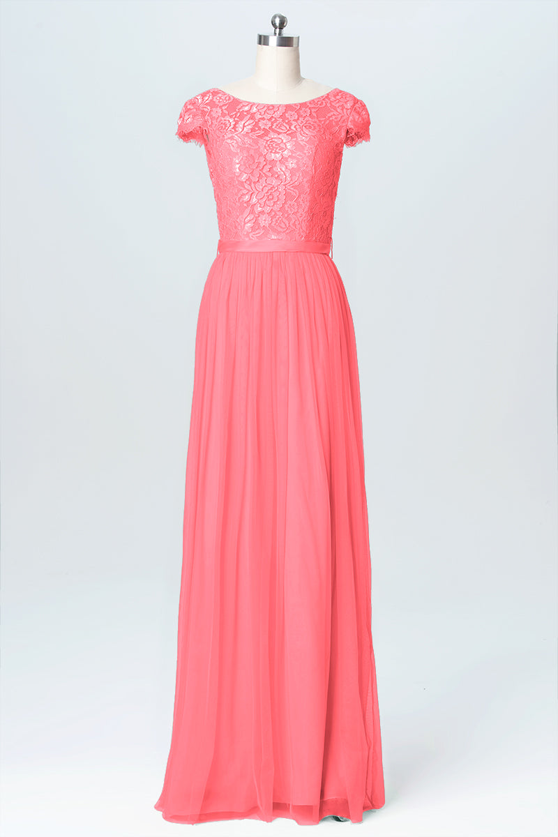 Lace Column Scoop Neck Cap Sleeve Bridesmaid Dress-B03063